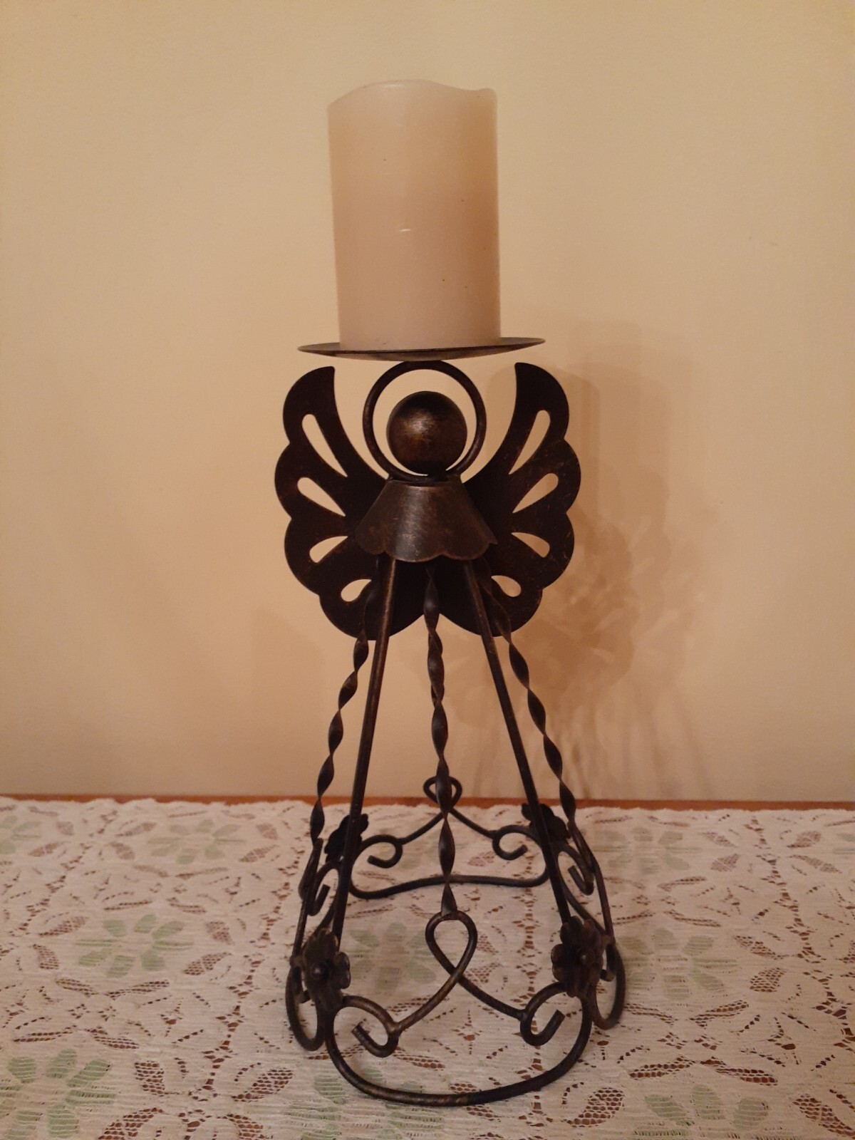 Vintage Primitive Angel Scrollled Bronze Brown Standing Metal Candle