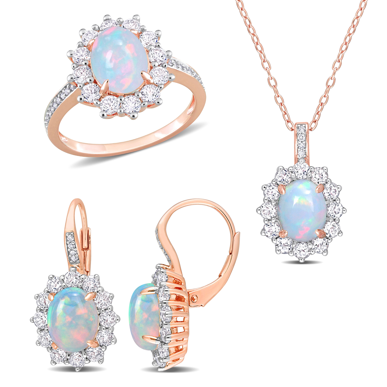 Amour Rose Plated Silver Blue Opal, Topaz & Diamond Necklace & Earrings Set