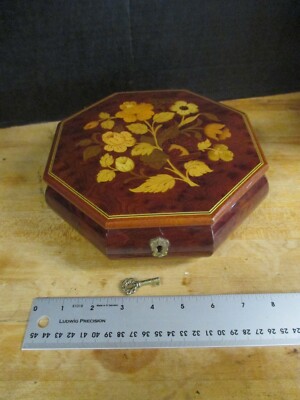 Italian Reuge Octagon Inlaid Music Jewelry Box Plays 