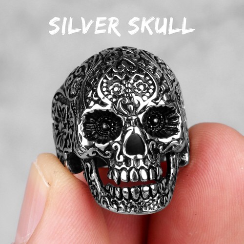 Stainless Steel Gothic Skull Never Fade Men Rings Vintage Carving Domineering - Picture 13 of 14