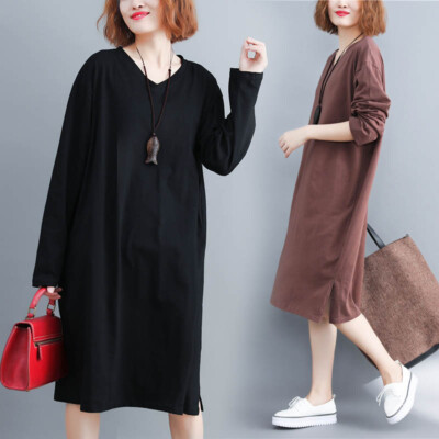 Womens V-Neck Long Sleeve Midi Long T-Shirt Dress Pullover Cotton Dress  Oversize | eBay