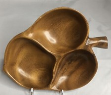 Vintage Signed Sorensen Hawaiian Monkey Pod Wood Divided Leaf Shape Serving Dish