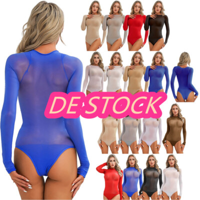 DE~Damen Langarm Durchsichtig Nylon Bodysuit Einteiler Stringbody Top Oberteil