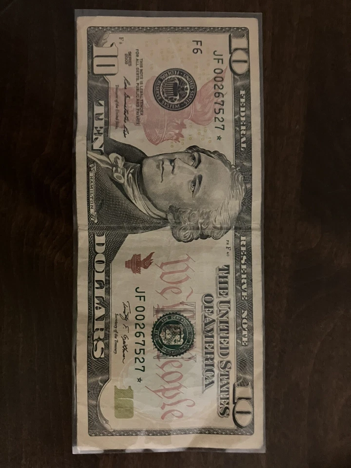 $10 Dollar bill star note 2009 series JF 00267527* - Image 2 of 2