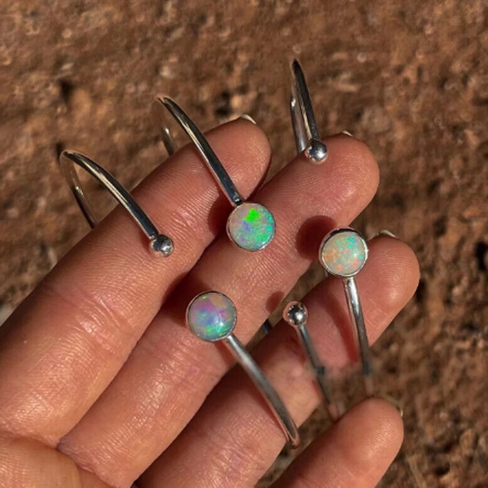 Handmade Ethiopian Opal 925 Silver Cuff Bracelet Adjustable Customizable Stones - Image 2 of 4