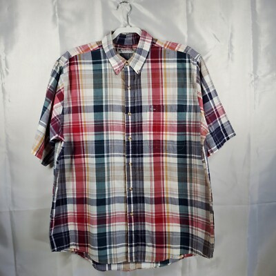 McGregor Classics Button Up Short Sleeve Plaid Shirt Red Navy Tan Men Sz XL