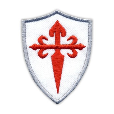 Rotes Jakobuskreuz auf dem weißen Schild Aufnäher/Abzeichen bestickt