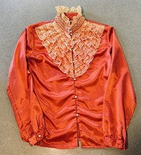 Vintage 70s Victorian Ruffle Satin Blouse Lace Prairie Cottagecore Romantic S/M