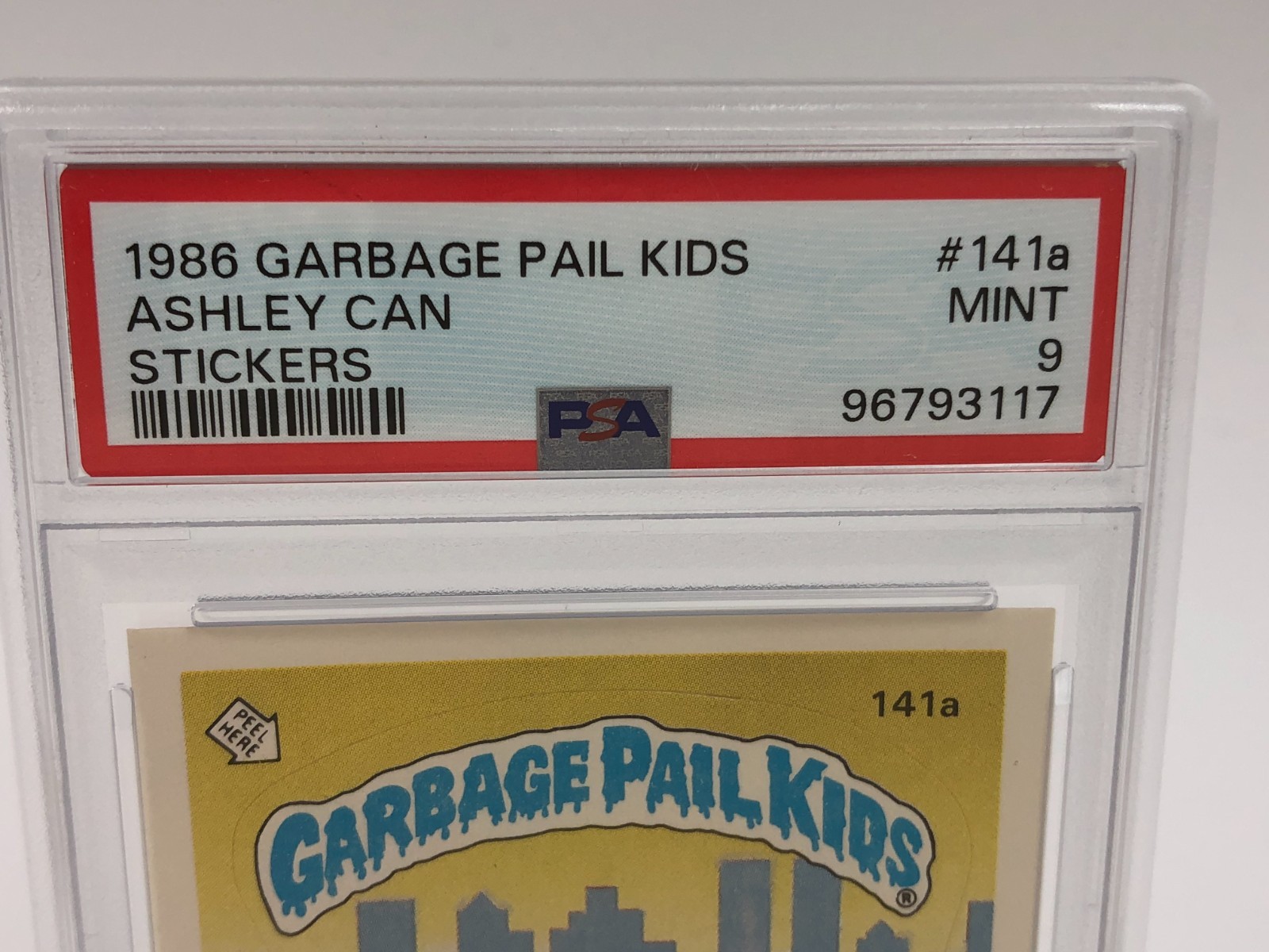 1986 GARBAGE PAIL KIDS Trading Stickers ASHLEY CAN #141a graded slab PSA MINT 9 view 2