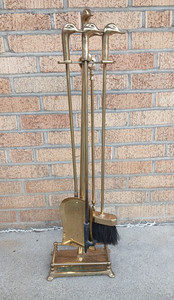 Brass Duck Head Fireplace Tool Set Vintage 1970s Mallard 4 Tools & Stand MCM