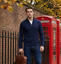 NEW POLO RALPH LAUREN NAVY BLUE  QUARTER ZIP COTTON CABLE KNIT JUMPER SWEATER