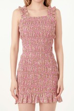 Free the Roses Pink All Over Smocked Bodice Ruffles Mini Dress Sz L Summer