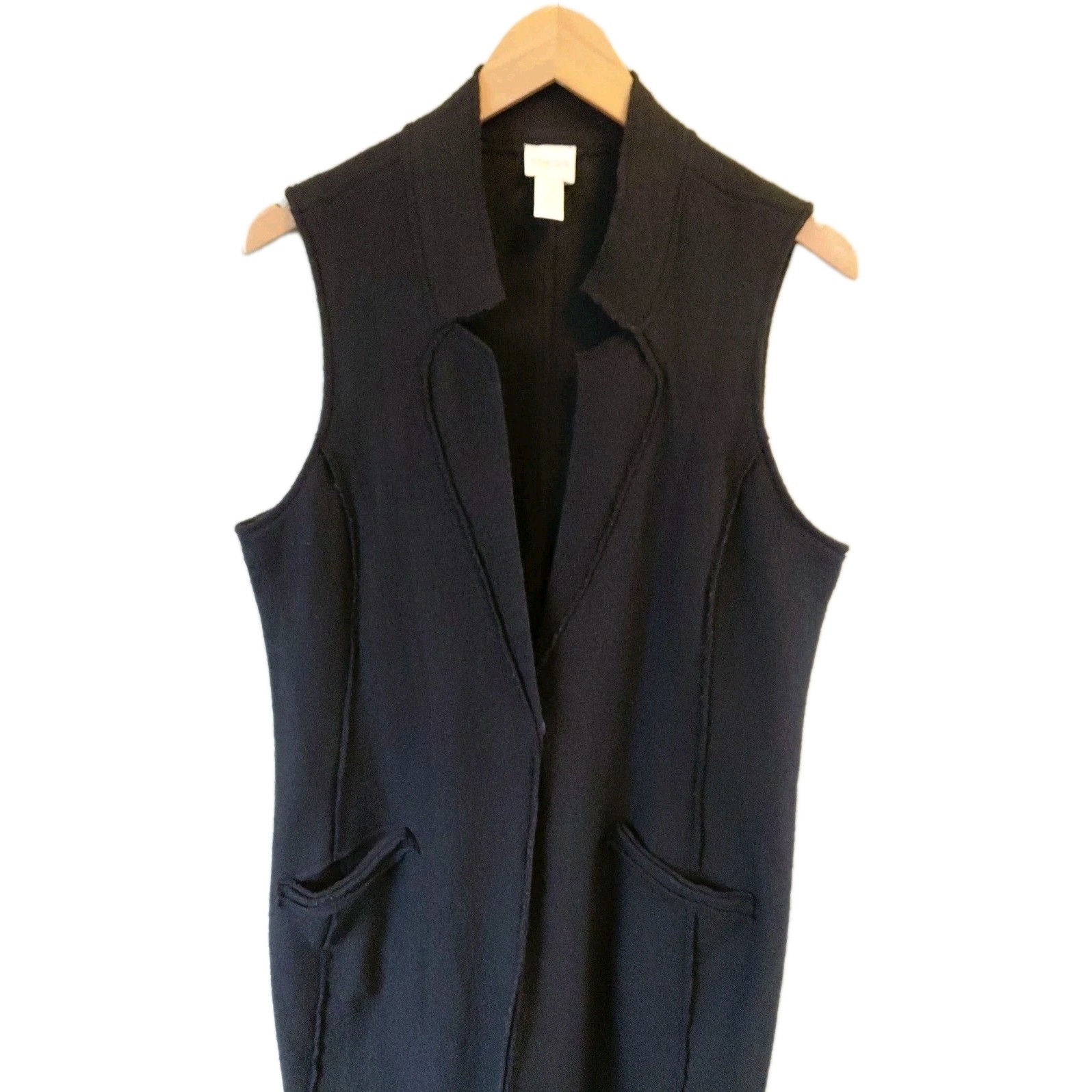 Chico's Black Sleeveless Long Wool Sweater Vest Layering Pockets Snap Closure