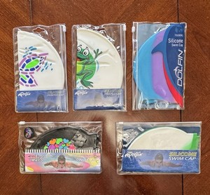 New Dolfin Silicone Swim Caps Lot Of 5 Hearts Frog Butterfly Tie-Dye ￼