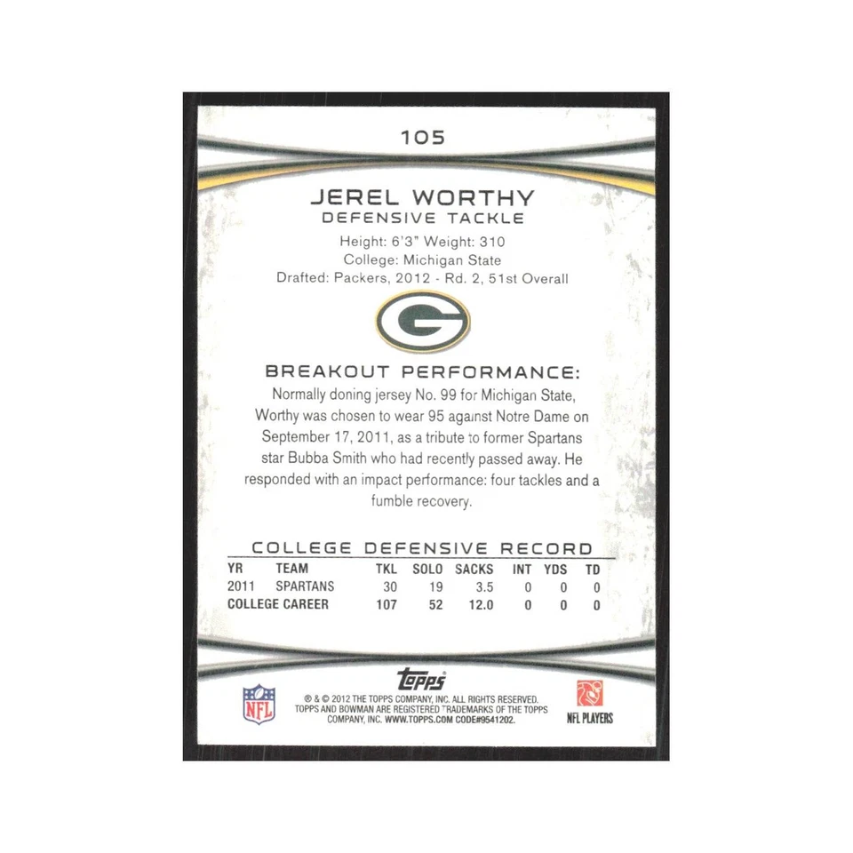 2012 Bowman Jerel Worthy RC Packers #105 - Image 2 of 3