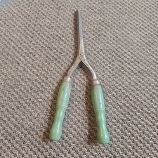 Vintage Antique Stove Top Hair / Mustache Curling Iron Green Wooden Handles 7.5"