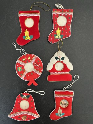 6 Holiday Christmas Cloth Picture Frame Ornaments Hanging Stocking Bell Wreath