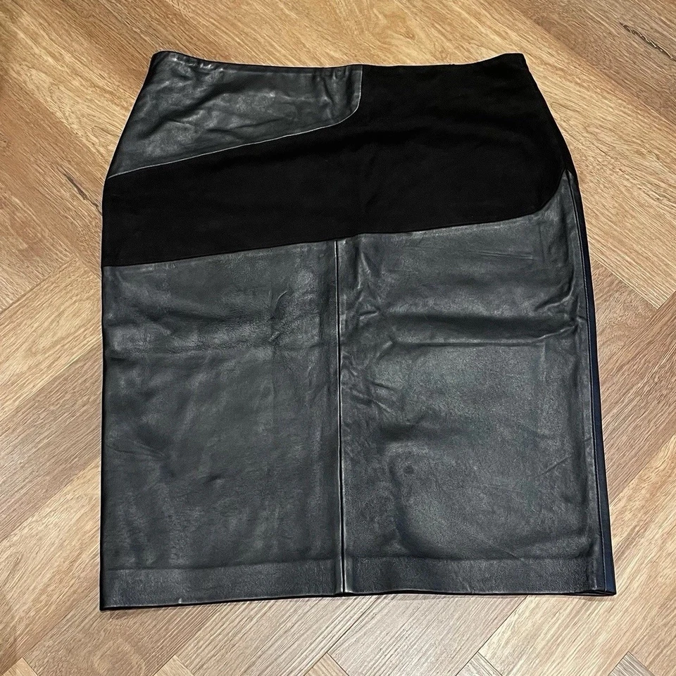 Vintage Black Leather & Suede Pencil Knee Skirt Size UK 16-18 36” Waist Genuine - Image 2 of 4