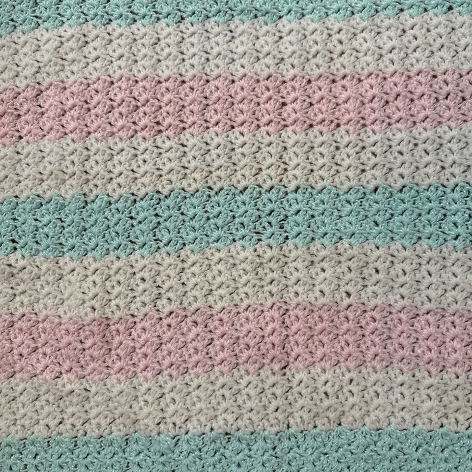 Crochet/Knit Baby BlanketAFGHAN Striped 42” x 40.5”Pastel Pink White And Green - Image 4 of 4