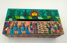 Handcrafted Signed Pedro Marcos Mexican Storytelling Wooden Tissue Box 11  x 6  