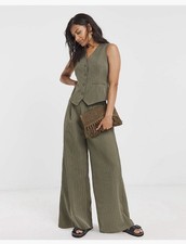 Khaki Pinstripe Wide Leg Trouser & Waistcoat Coord Set