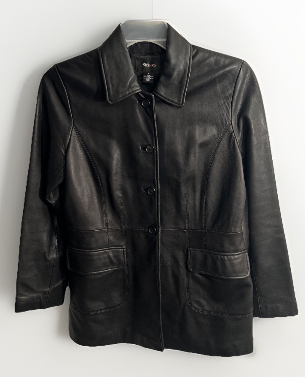 Y2K Women Black  Leather Button Up Jacket Scallop Trim Pockets by Style & Co Med