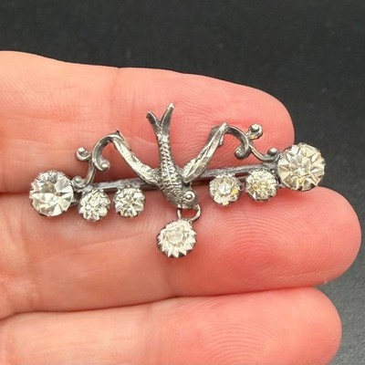 Vintage Victorian Silver Paste Swallow Brooch Bird Dangle C-Clasp 1.5''