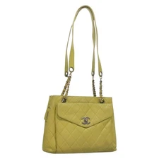 CHANEL Matelasse Chain Shoulder Bag Grained Calf Skin Green Gold CC Auth yk19052