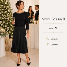 Ann Taylor Pleated Knit Dress Midi Women M Black Metallic Fit Flare Elegant LBD