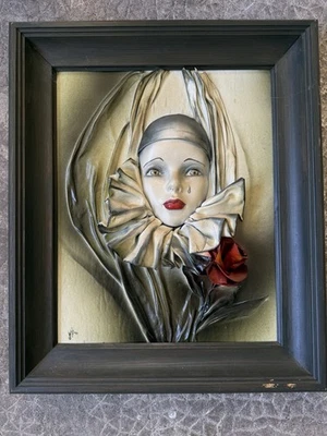 Bas-relief masque Pierrot visage de clown encadré sur socle signé MB daté 90 - Photo 1/4