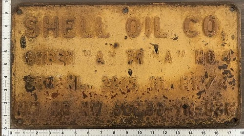 Vintage Stamped Steel Painted Oil Field Sign - Shell Oil Co.