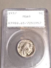 1937 5C Buffalo Nickel Graded MS65 By PCGS Old Rattler Holder