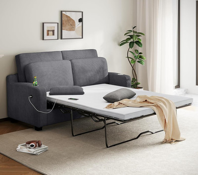 Convertible Sofa Bed with USB & Cup Holders - Queen Size Grey Loveseat