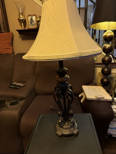 Lamp and shade, dark brown and tan - Picture 2 of 3