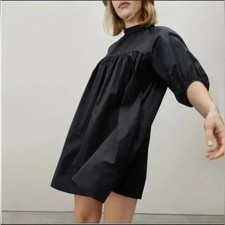 Everlane Black Shirred Yoke Cotton Mini Dress Short Puff Sleeves Womens Medium