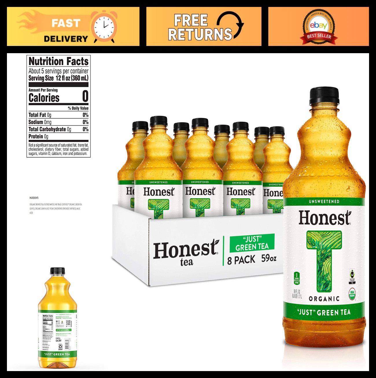 Refreshing Green Tea, 59 Fl Oz Bottles - Pack of 8, Organic 