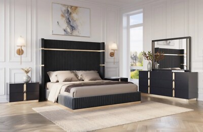 SLEEK Black Gold Queen King 4PC Bedroom Set Two-Tone Modern Furniture  Bed/D/M/N | eBay