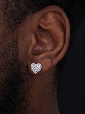 Solid 925 Sterling Silver Iced Heart Stud Earrings Simulated