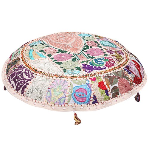 22 in Round Ottoman Bohemian White Floor Cushion Vintage Patchwork Floor Pillow - Picture 2 of 6