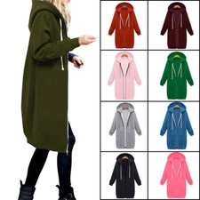 Women Long Hoodies Black Zipper Fleece Hooded Jacket Casual Tunic Sweatshirts
