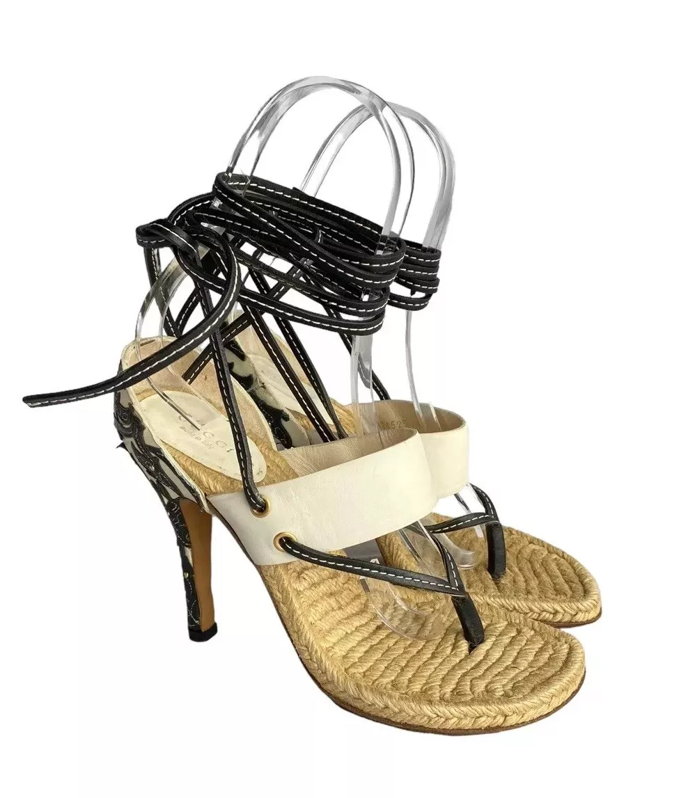 GUCCI Sandales à enfiler à la cheville en cuir blanc/noir appliqué floral, taille 36