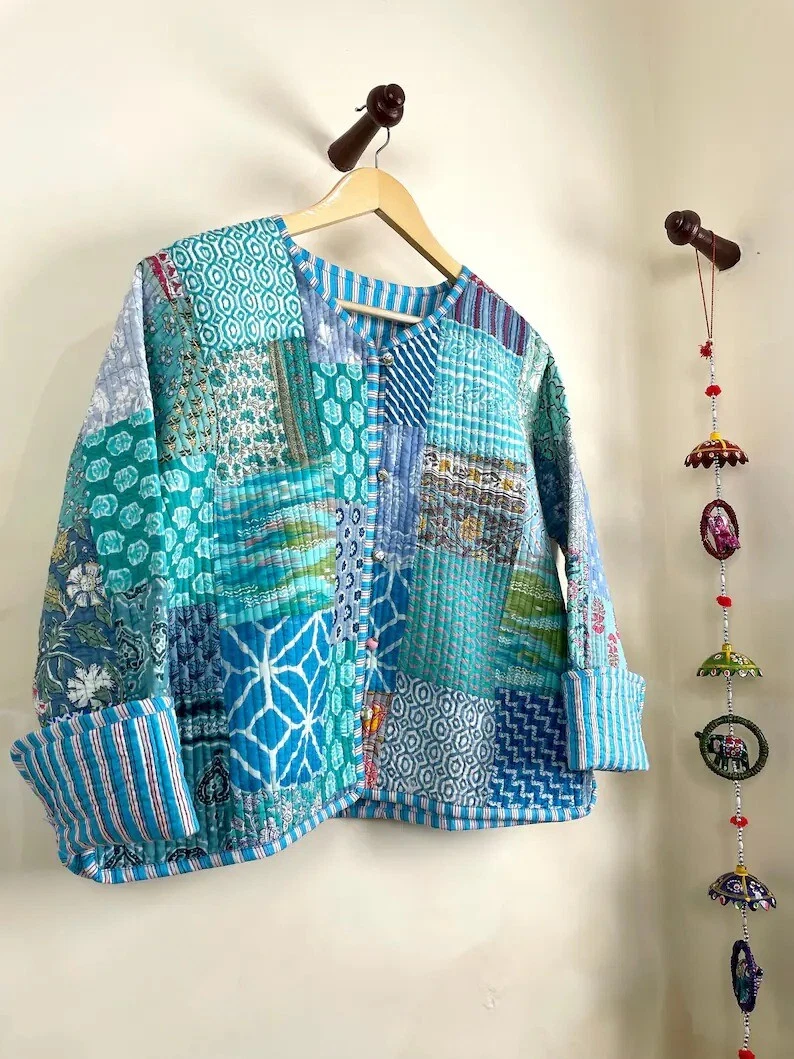 Turquoise 100%Cotton Patchwork Jacket Handmade Cotton Jacket Women's Clothing US