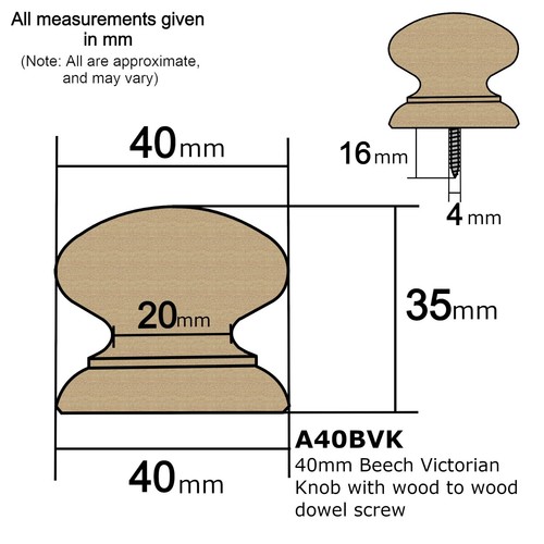 Pack of 10 Hardwood Beech Victorian Style Knobs Handles + Screw 25,35,40,46 53mm - Picture 7 of 11