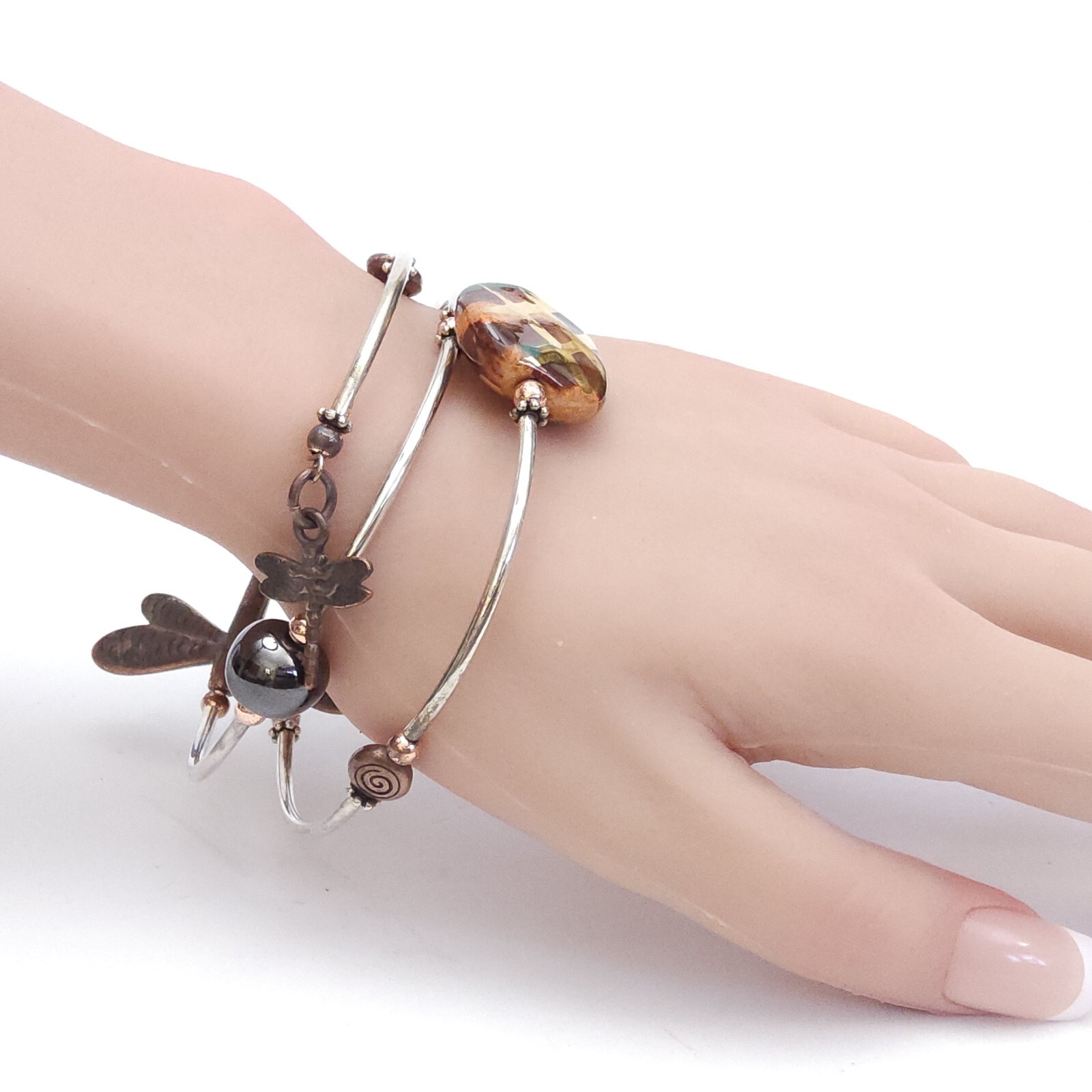 Handmade Memory Wire Wrap Bracelet Dragonfly Char… - image 2