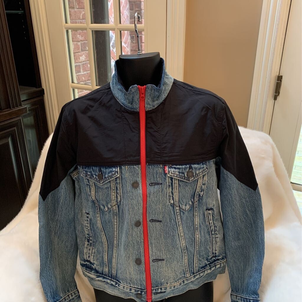 Levis Mens Denim Jacket Blue Color Block Zip Up Flap Pockets Mock Neck S New