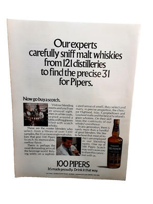 1972 100 Pipers Scotch Sniff Malt Whiskies Original Print Ad vintage