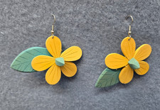 Extra Large Flower Earrings Yellow with Green Leaves Dangle Earrings