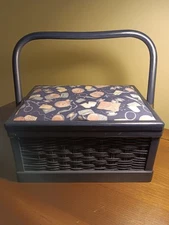 Vintage Small Travel Sewing Basket Wicker Wood Sewing Upholstery Cover 10x7.5x5