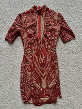 Red Sequin Bodycon Mini Dress Sheer Mesh Nude Illusion Party Cocktail Clubwear S
