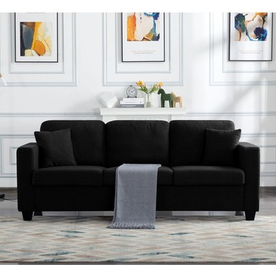86.6'' Plush Teddy Fabric Sofa Removable Covers 2 Pillows Wide Deep Seat Black